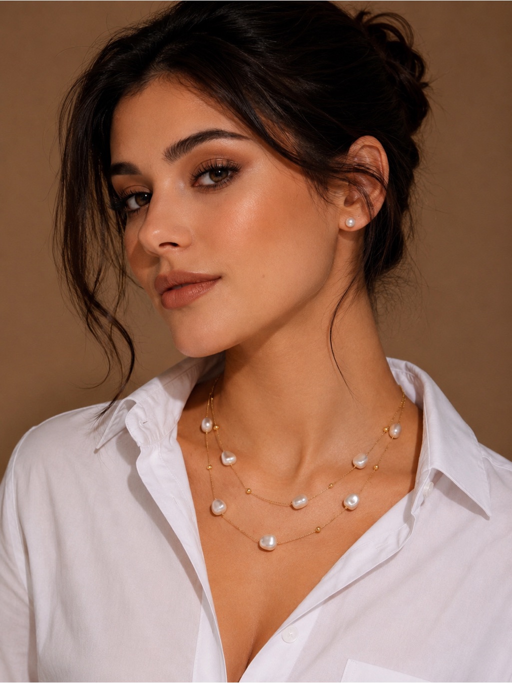 18k Gold Plated Stainless Steel Double Layer Pearl Patchwork Necklace
